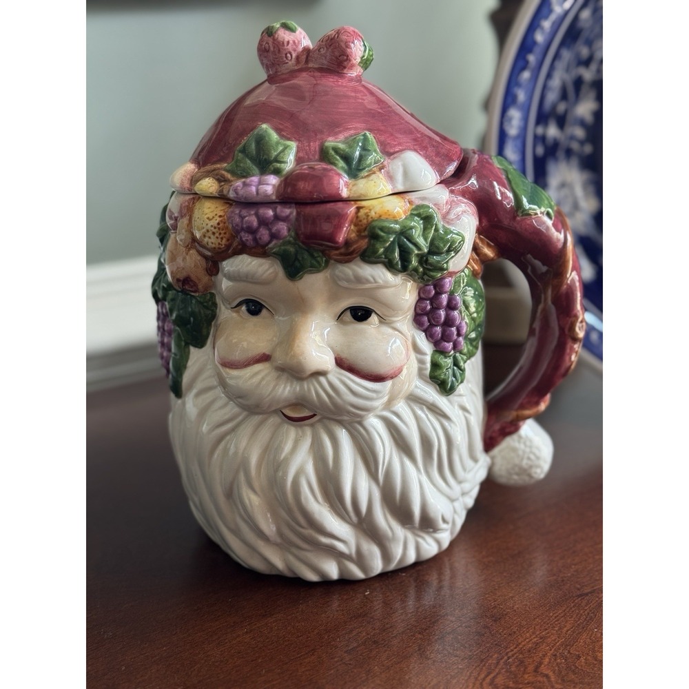 VTG Rare Santa Claus Christmas Cookie Jar w/Berries Grapes, Strawberries Hat